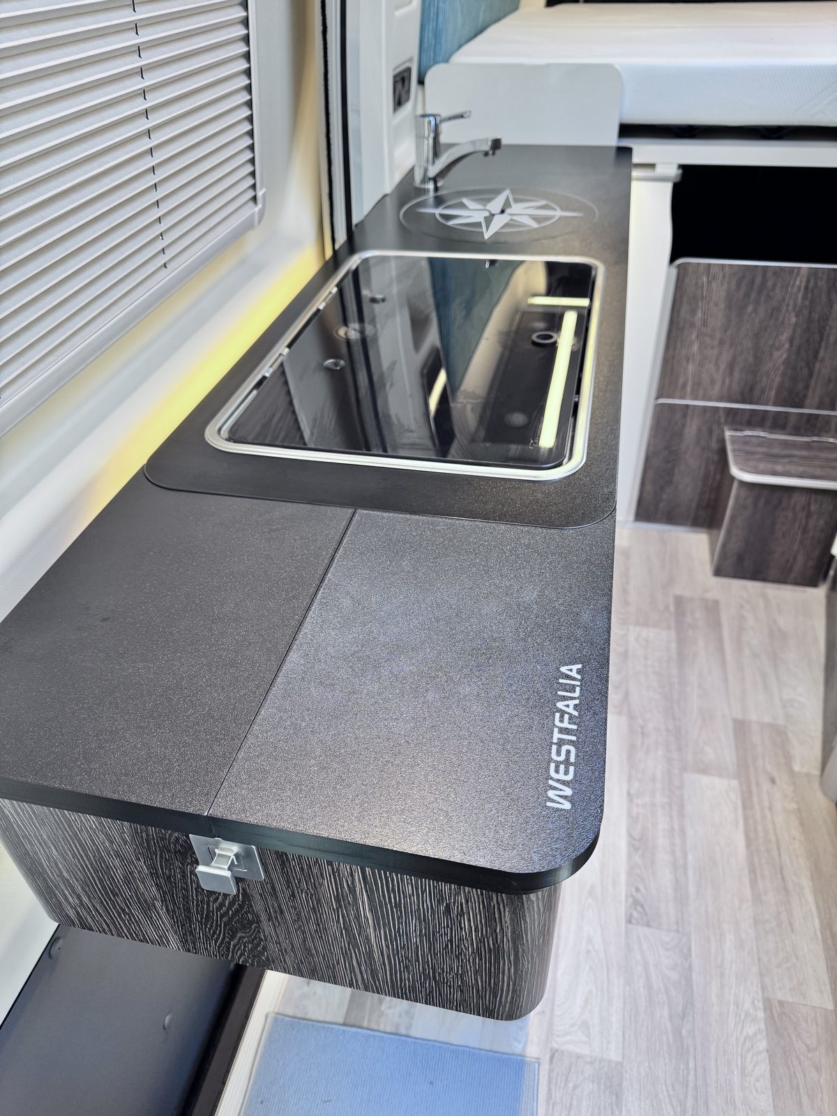 Plastic Vantastic worktop extension fitted in a Westfalia kitchen